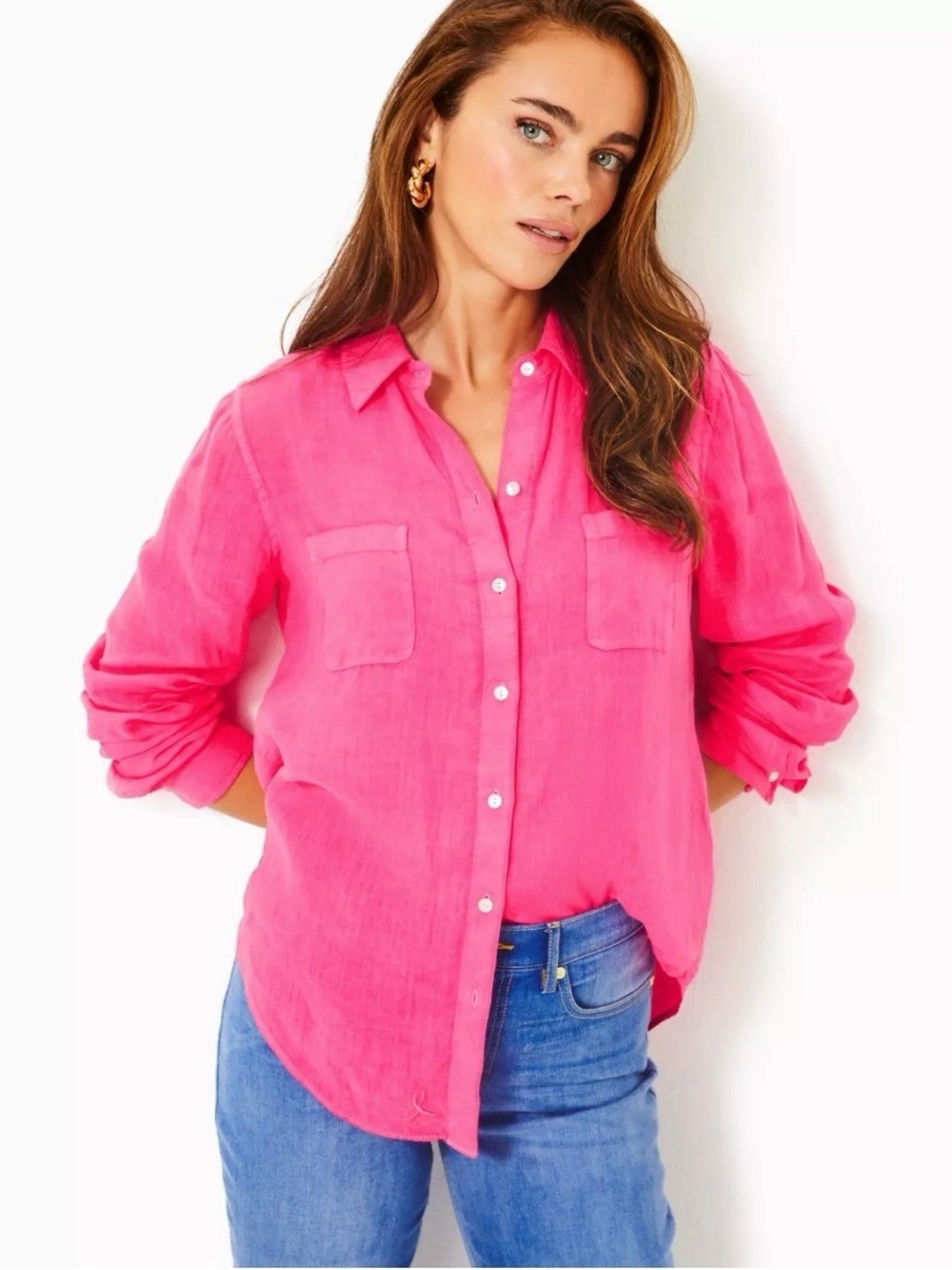 Lilly Pulitzer 100% Linen Bright Pink Button-Down Shirt - Picture 4 of 4